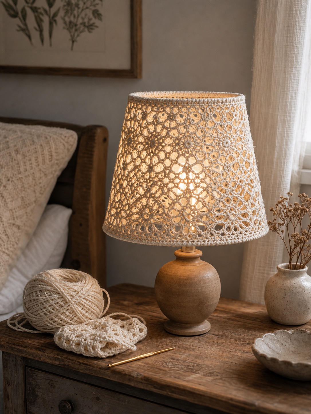 Crocheted cotton DIY lamp shade with open lace pattern and warm light.