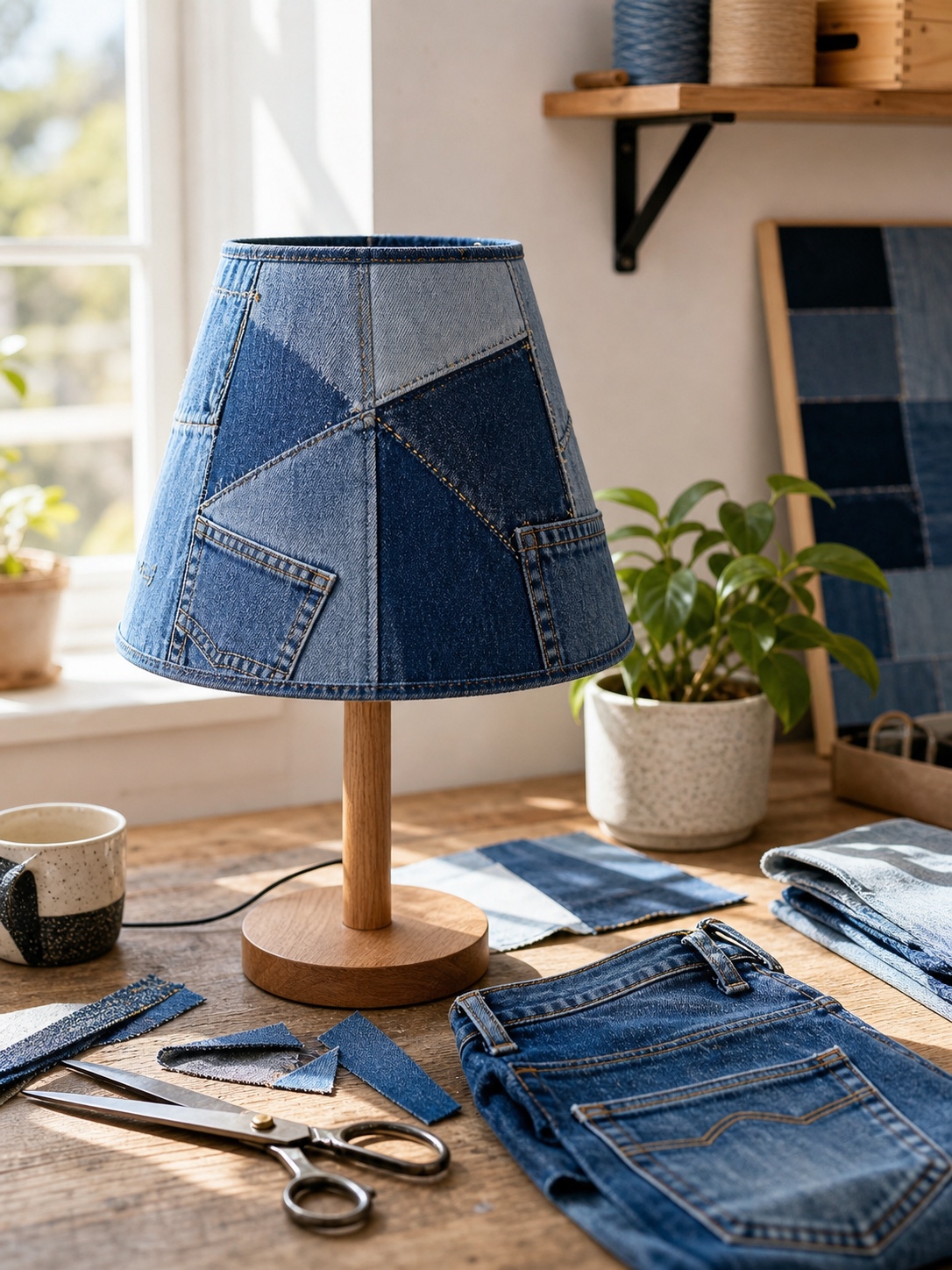 Recycled denim fabric lamp shade with visible seams and stitched patches.