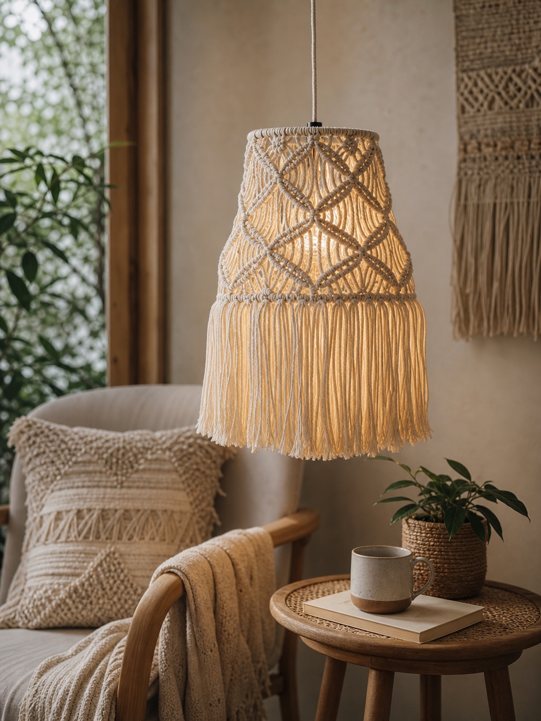 Macrame cotton cord lamp shade with fringe glowing above a small reading nook.