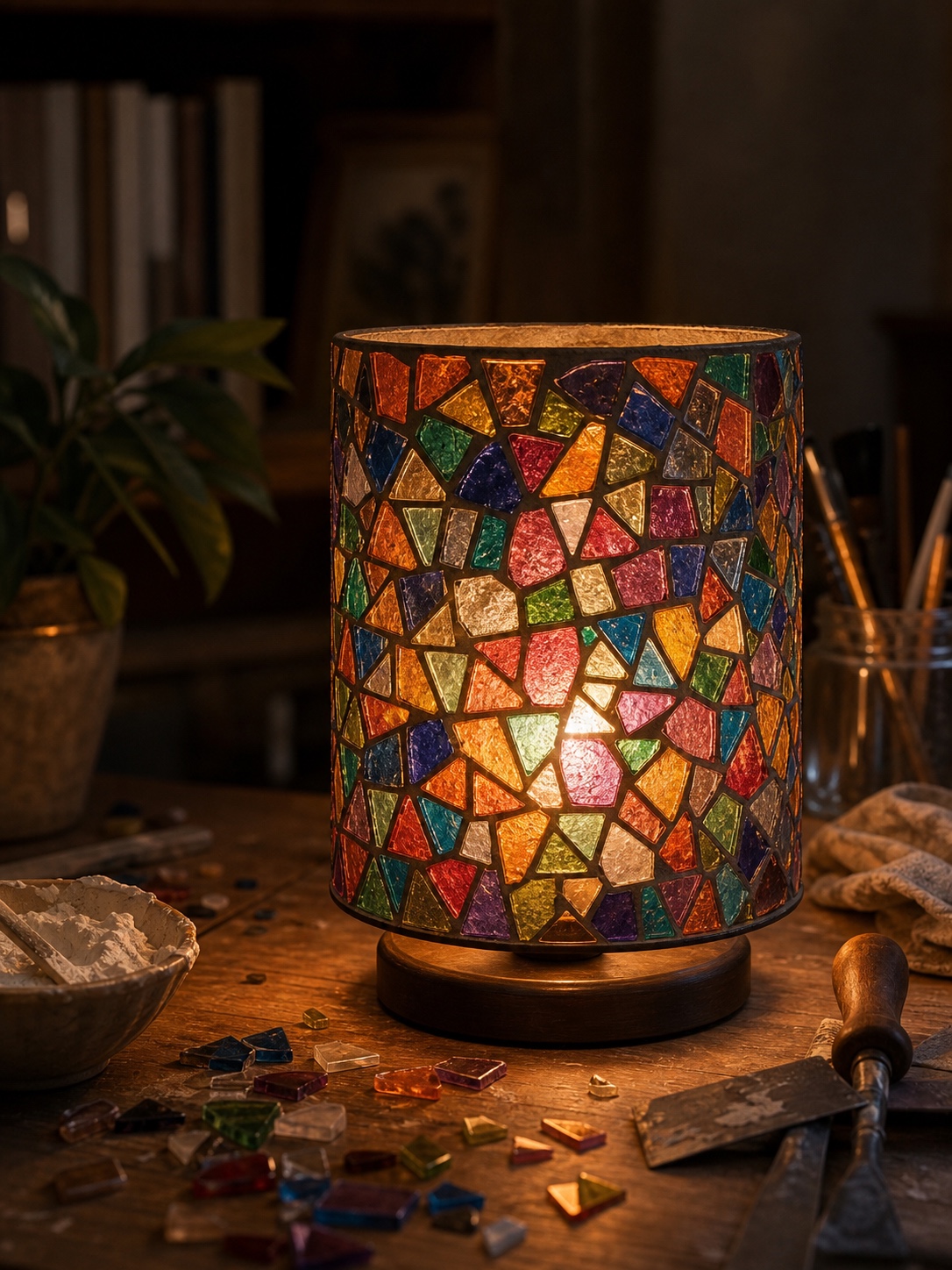 Mosaic glass DIY lamp shade made with colorful translucent pieces glowing on a craft table.