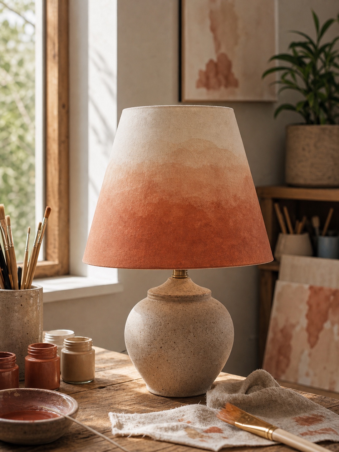 Hand-painted gradient lamp shade with warm cream and muted terracotta color wash.