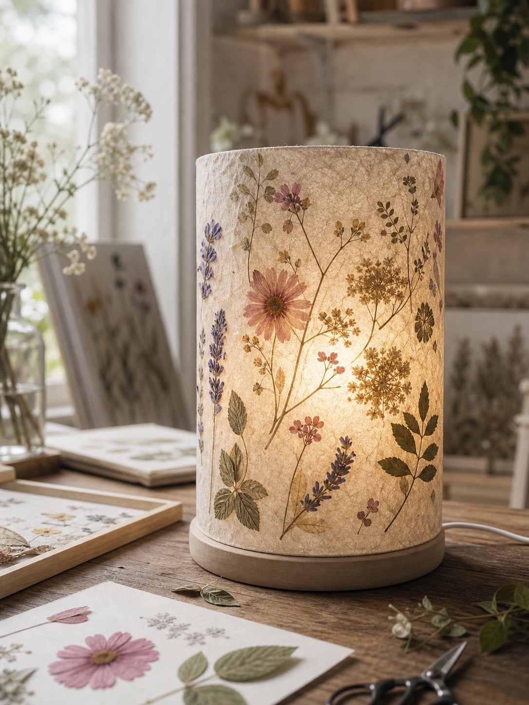 Pressed flower paper lamp shade with dried leaves embedded in translucent handmade paper.