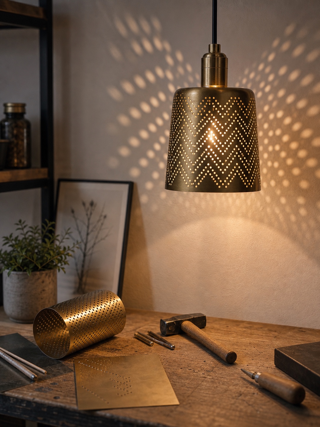 Punched metal DIY lamp shade casting dotted light patterns on a warm studio wall.