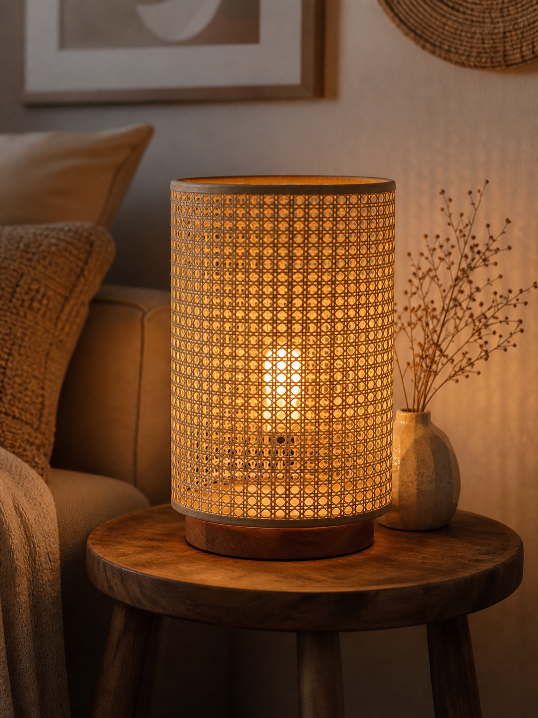 Handmade rattan cane webbing lamp shade glowing warmly on a wooden side table.
