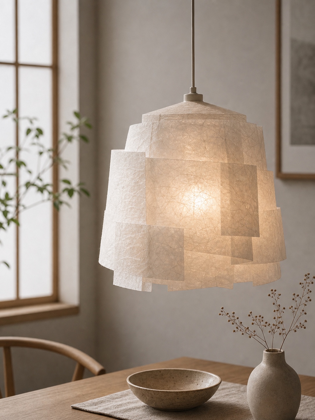 Layered rice paper lantern shade with soft white panels around a warm bulb.