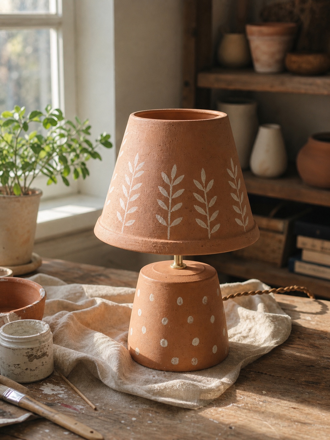 Painted terracotta pot lamp shade and base on a sunlit craft table.