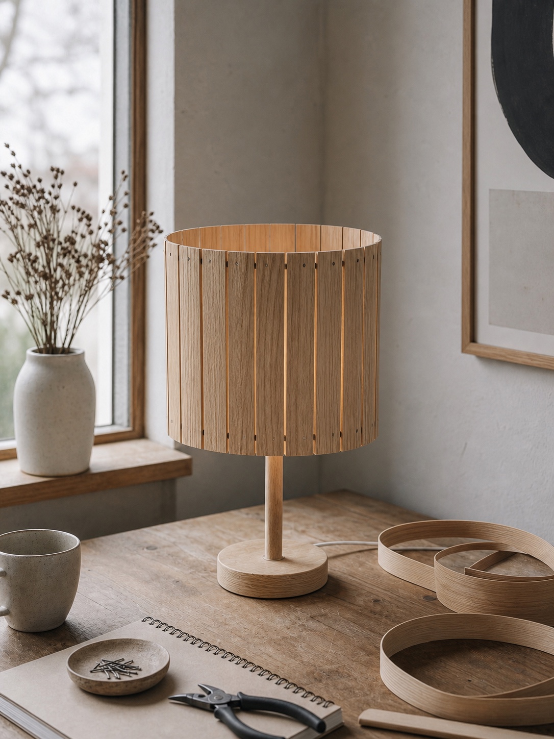 Minimal wood veneer DIY lamp shade made from thin bent plywood strips.