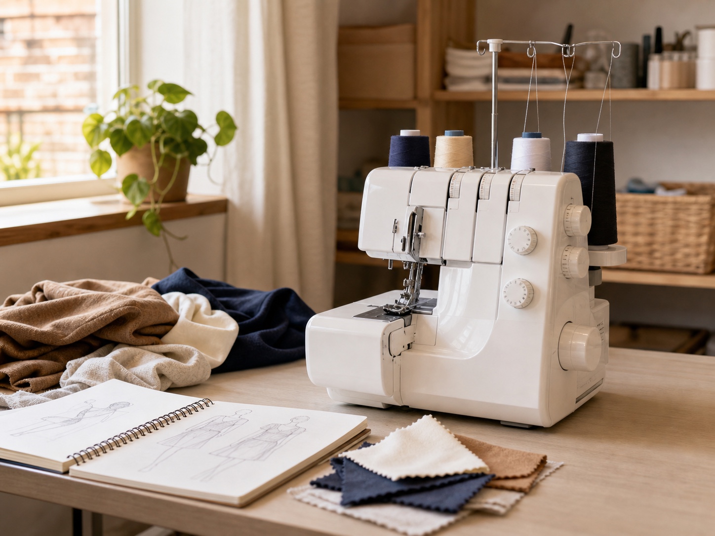 Domestic serger machine on a sewing desk with fabric samples and a sketchbook nearby.