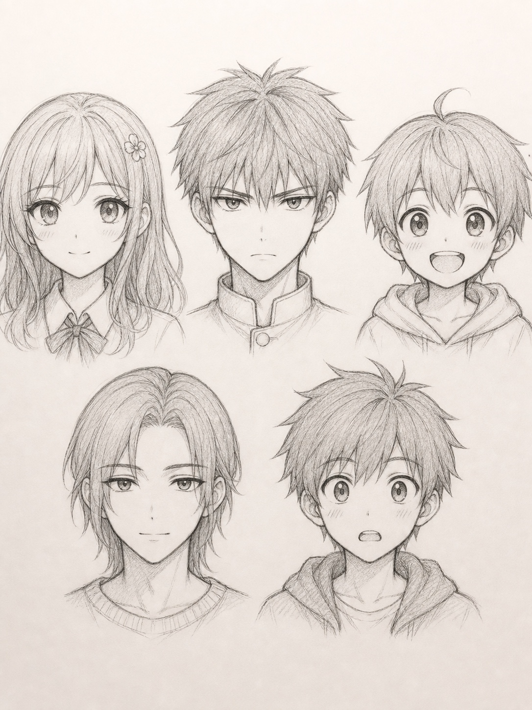 Five anime face sketches showing simple dot and dash nose variations.