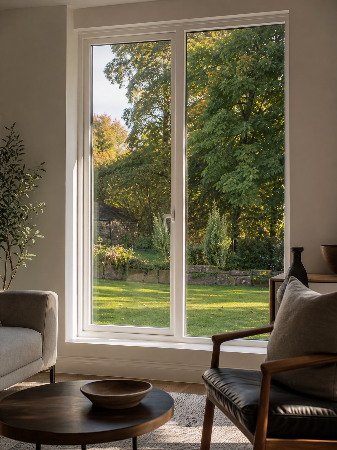 Modern living room with clean white double-glazed uPVC windows looking out to a garden, with no condensation on the glass.