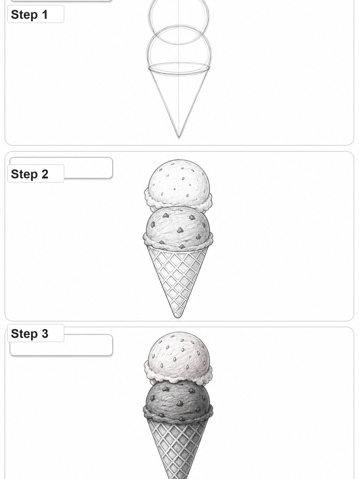 Double scoop ice cream cone tutorial steps Step 1: Sketch of an ice cream cone with two overlapping circular scoops above a cone, in black-and-white outline. | Sky Rye Design Three-step pencil tutorial showing construction and shading for a double scoop ice cream cone