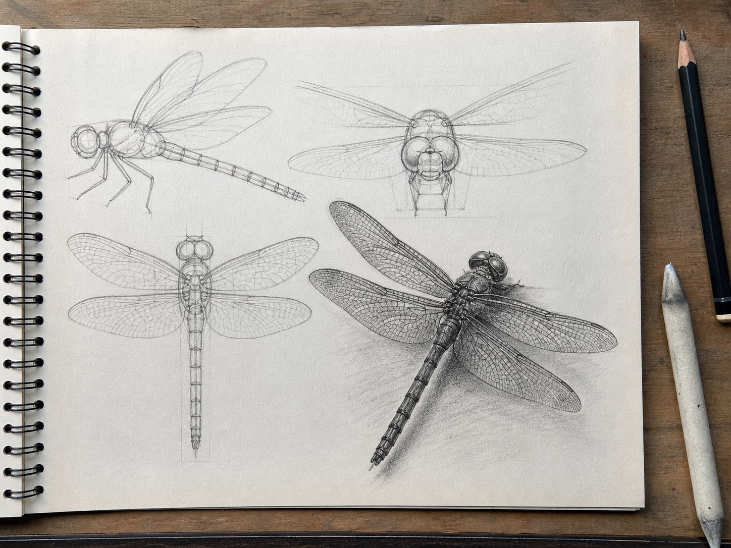 Dragonfly anatomy sketch study with segmented body, compound eyes, and transparent wings