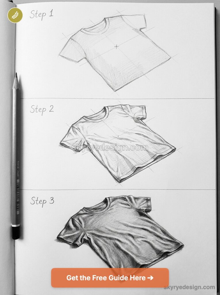 T-shirt drawing tutorial: step-by-step pencil sketch showing three stages from basic outline to realistic shaded tee