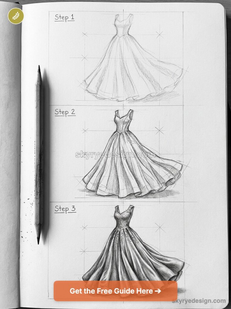 Sketchbook page with three step-by-step pencil sketches of a flowing wedding gown, pencil beside the pages.
