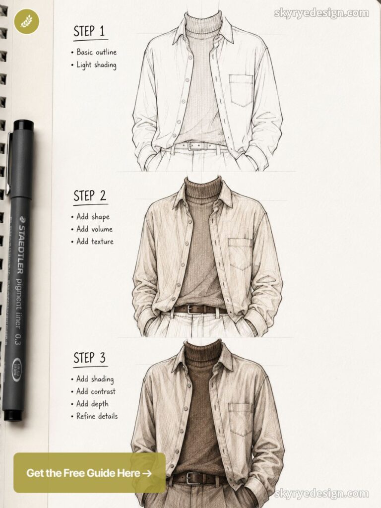 Step-by-step fashion drawing tutorial of a men's turtleneck and open button-down shirt, sketch to shaded rendering