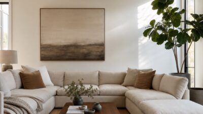 Custom oatmeal sectional sofa in a contemporary living room with oak floors and soft afternoon light.