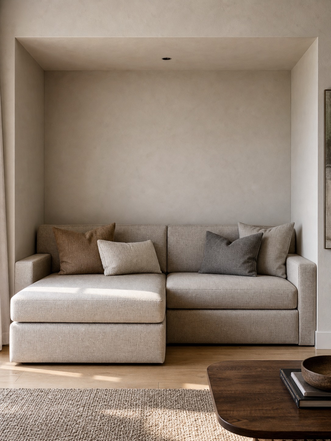 Warm oatmeal modular sectional fitted neatly into a living room alcove without an awkward wall gap.