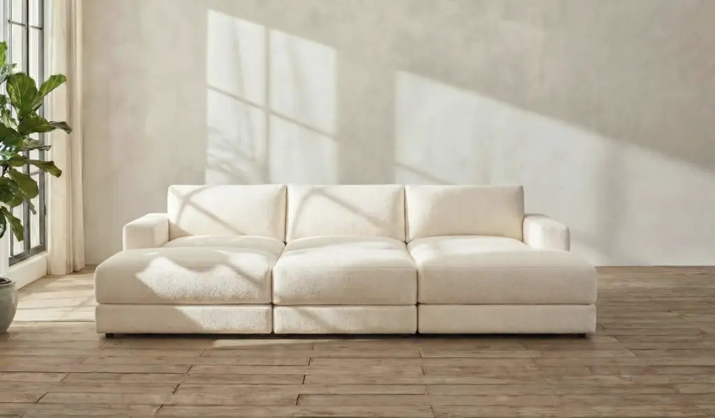 Cream modular sectional sofa in bright minimalist living room with large window, wood floors and potted plant