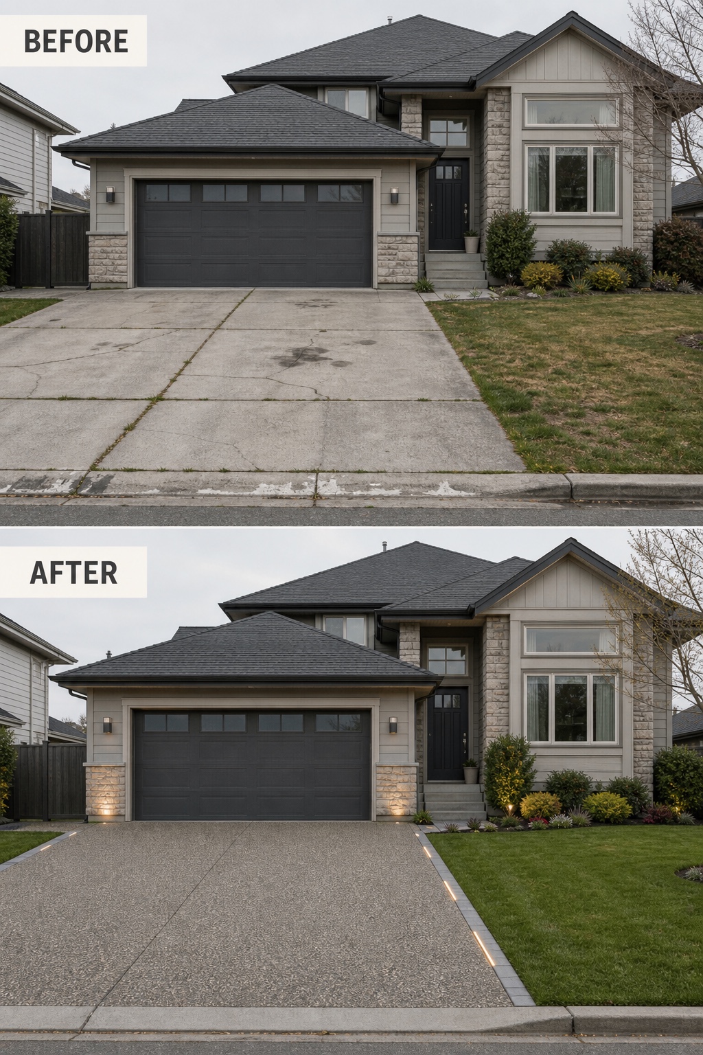 Before and after exterior view showing a cracked stained driveway replaced with warm grey exposed aggregate, clean edges, lighting, and refreshed planting.
