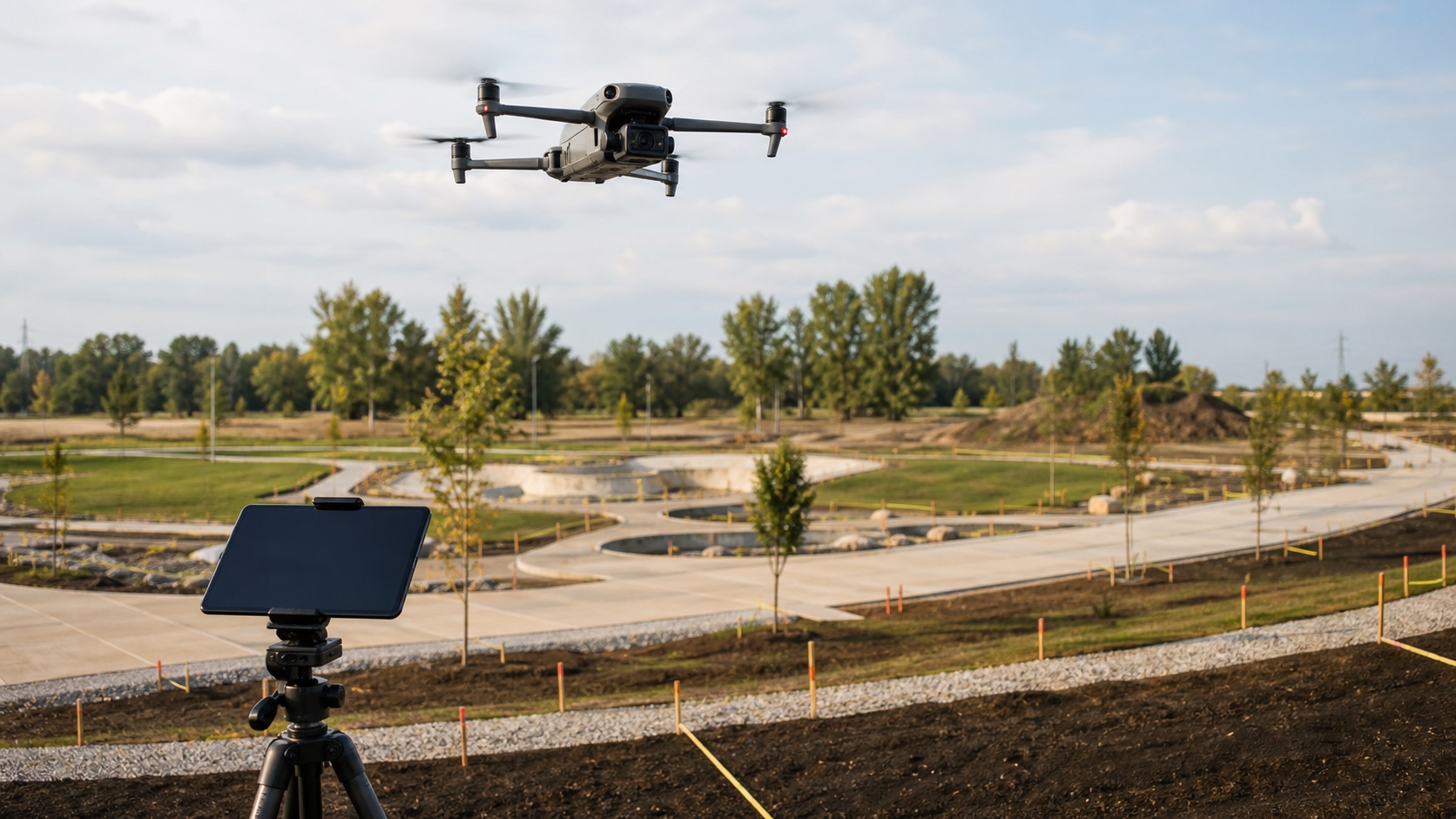 Drone landscape architecture site survey Drone surveying a landscape architecture project site with paths, planting zones, and grading markers | Sky Rye Design Drone surveying a landscape architecture project site with paths, planting zones, and grading markers