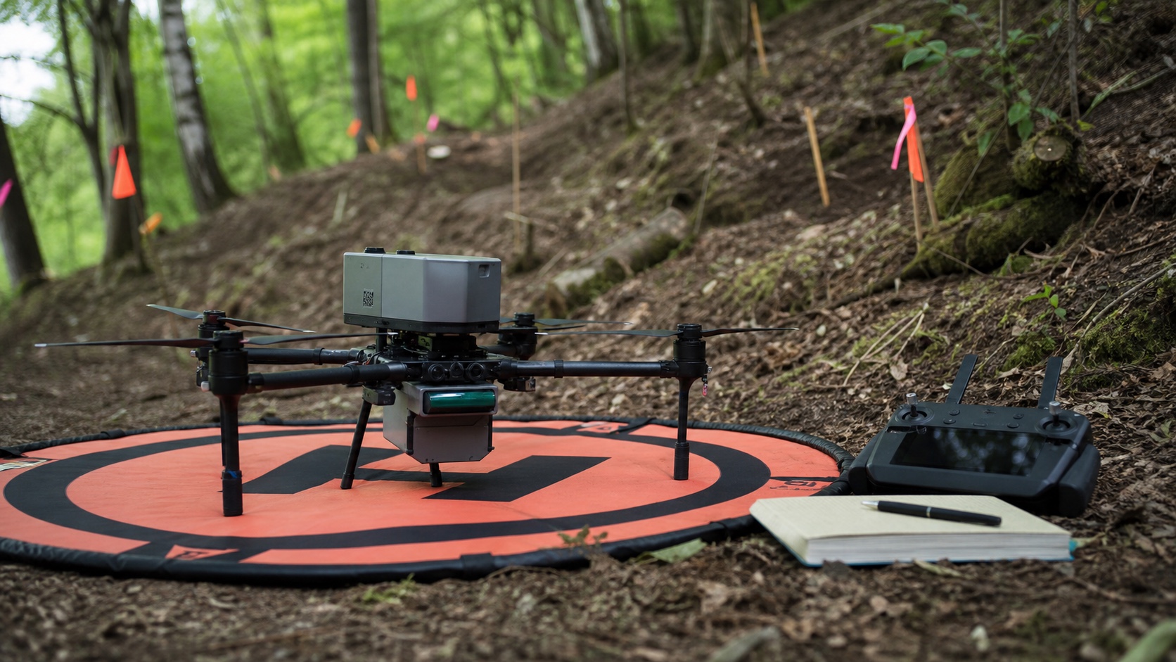 Drone LiDAR terrain scan in wooded landscape Survey drone prepared for LiDAR terrain scanning on a wooded landscape architecture site | Sky Rye Design Survey drone prepared for LiDAR terrain scanning on a wooded landscape architecture site