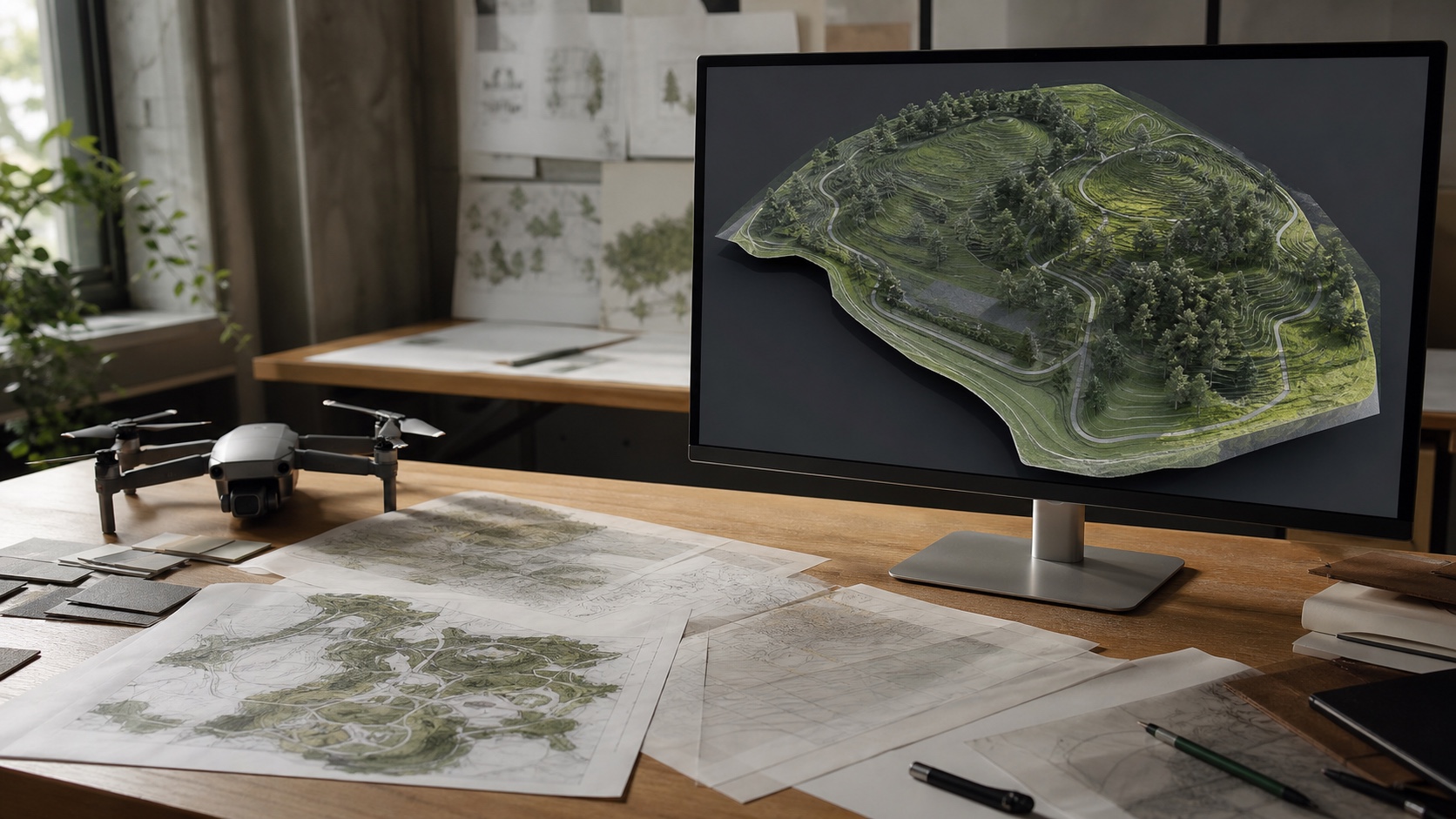 Drone photogrammetry 3D model review Desk with a drone, printed site plans, and a computer monitor displaying a 3D hill and forest model. | Sky Rye Design Landscape architecture studio reviewing a drone photogrammetry 3D terrain model beside site plans