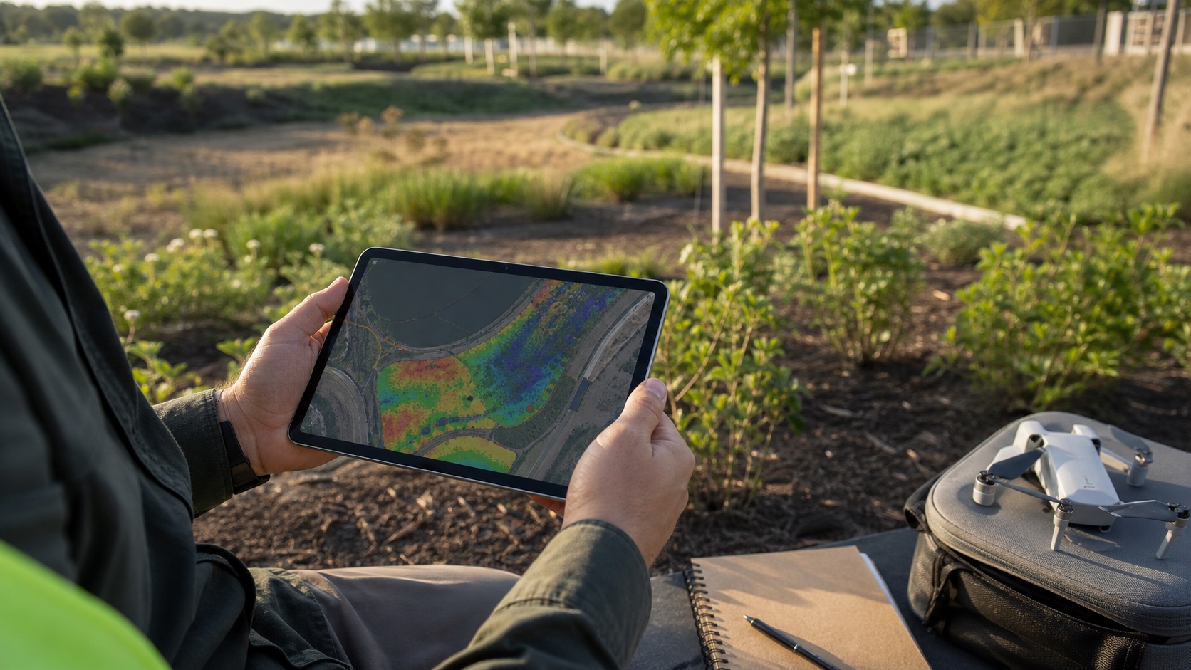 Drone vegetation analysis on tablet Landscape architect reviewing drone vegetation analysis on a tablet beside a planted park site | Sky Rye Design Landscape architect reviewing drone vegetation analysis on a tablet beside a planted park site