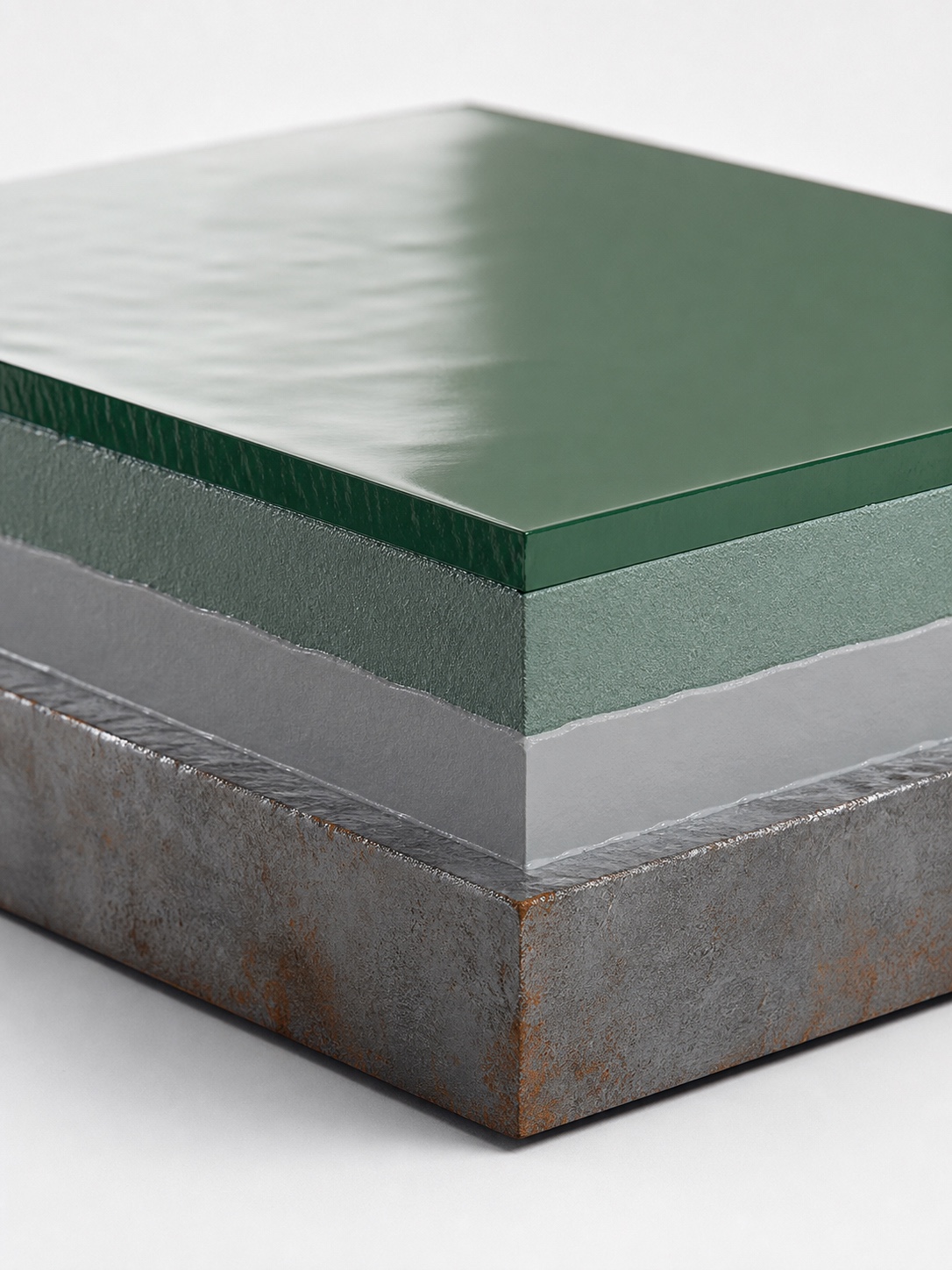 Duplex Coating System Cross-Section Diagram Cross-section diagram showing primer, intermediate coat, and topcoat layers on steel. | Sky Rye Design Cross-section diagram showing primer, intermediate coat, and topcoat layers on steel.