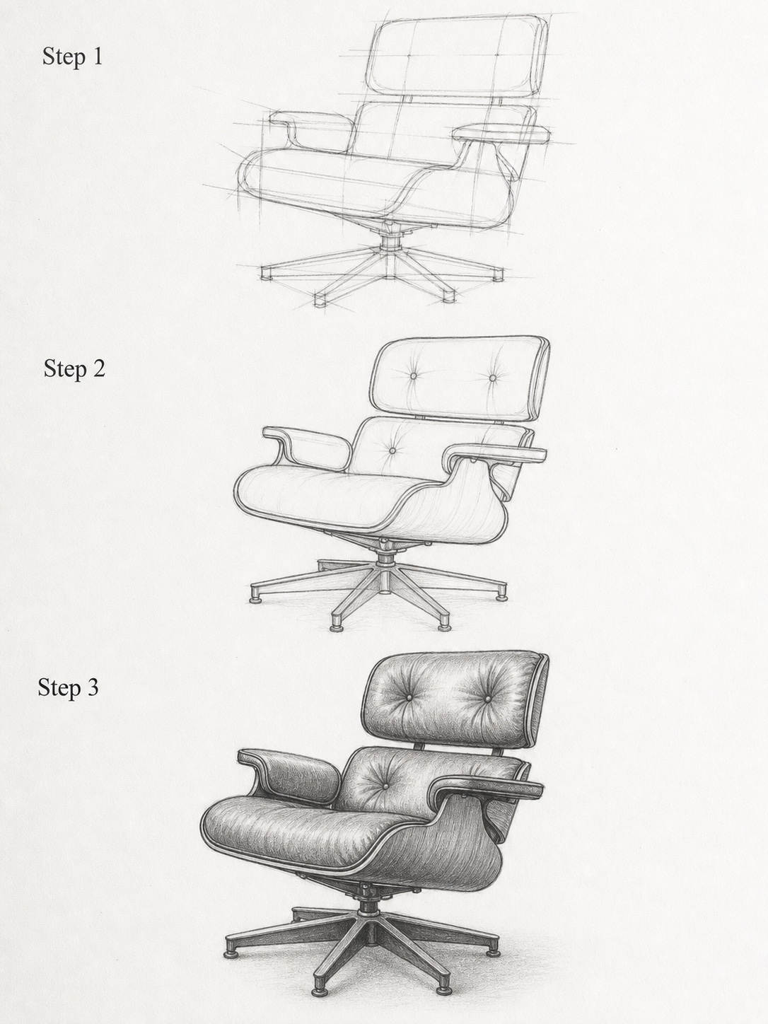 Eames Lounge Chair Step by Step Drawing Pencil tutorial showing construction, refinement, and shading for an Eames Lounge Chair drawing. | Sky Rye Design Pencil tutorial showing construction, refinement, and shading for an Eames Lounge Chair drawing.