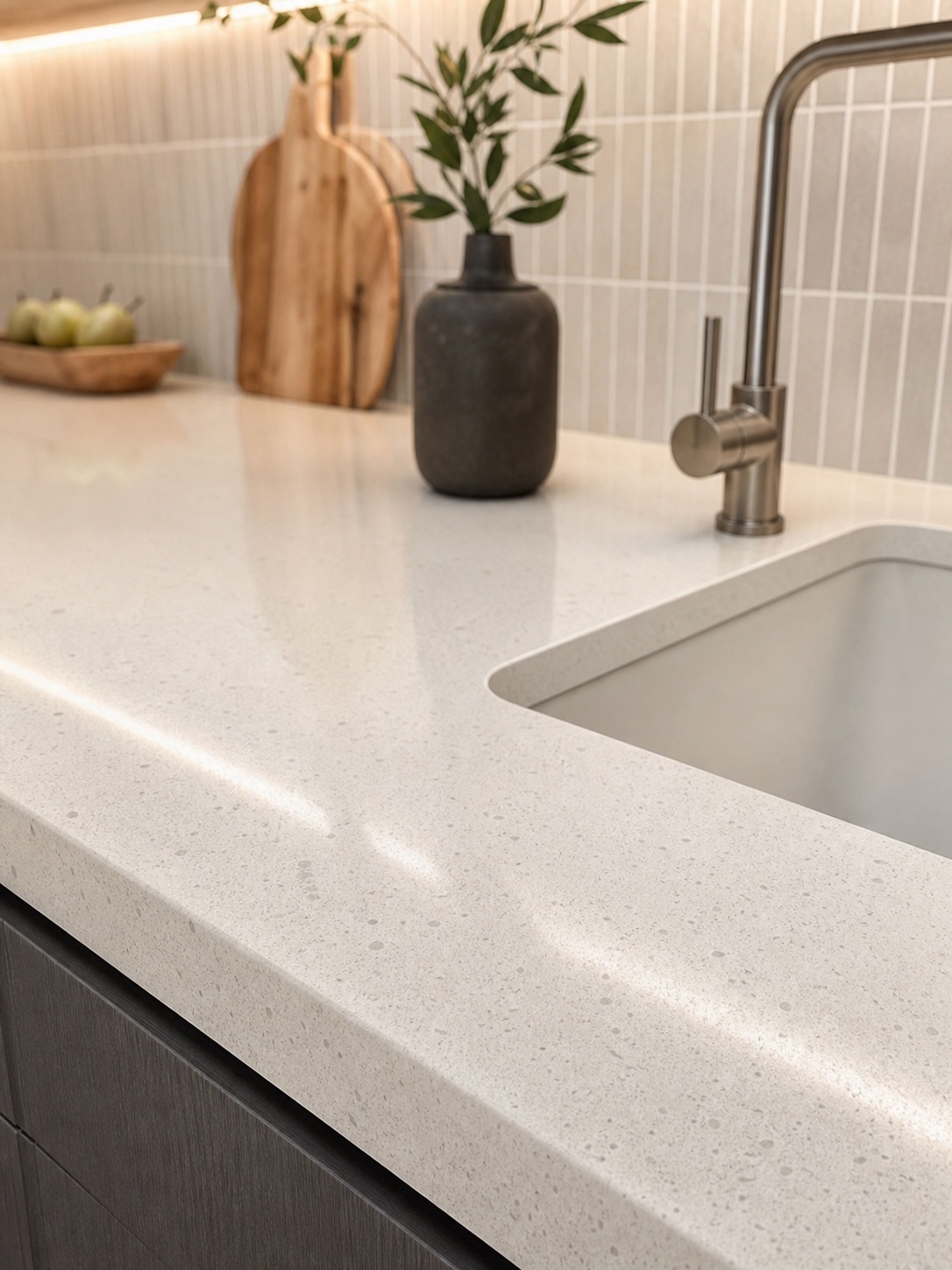 Close-up of a white quartz kitchen worktop with an undermount sink, tap, and clean reflective countertop surface.