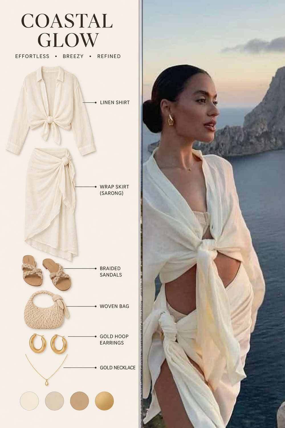 Beach Outfit Infographic Step 01 Pinterest fashion infographic showing a beach outfit flat-lay breakdown beside the original outfit photo. | Sky Rye Design Pinterest fashion infographic showing a beach outfit flat-lay breakdown beside the original outfit photo.