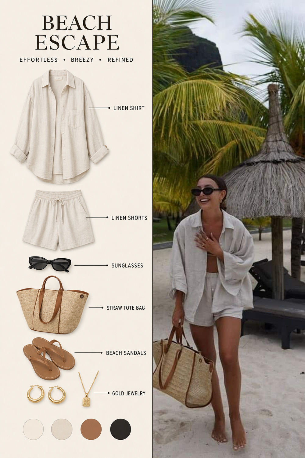 Beach Outfit Infographic Step 02 Pinterest fashion infographic showing a beach outfit flat-lay breakdown beside the original outfit photo. | Sky Rye Design Pinterest fashion infographic showing a beach outfit flat-lay breakdown beside the original outfit photo.