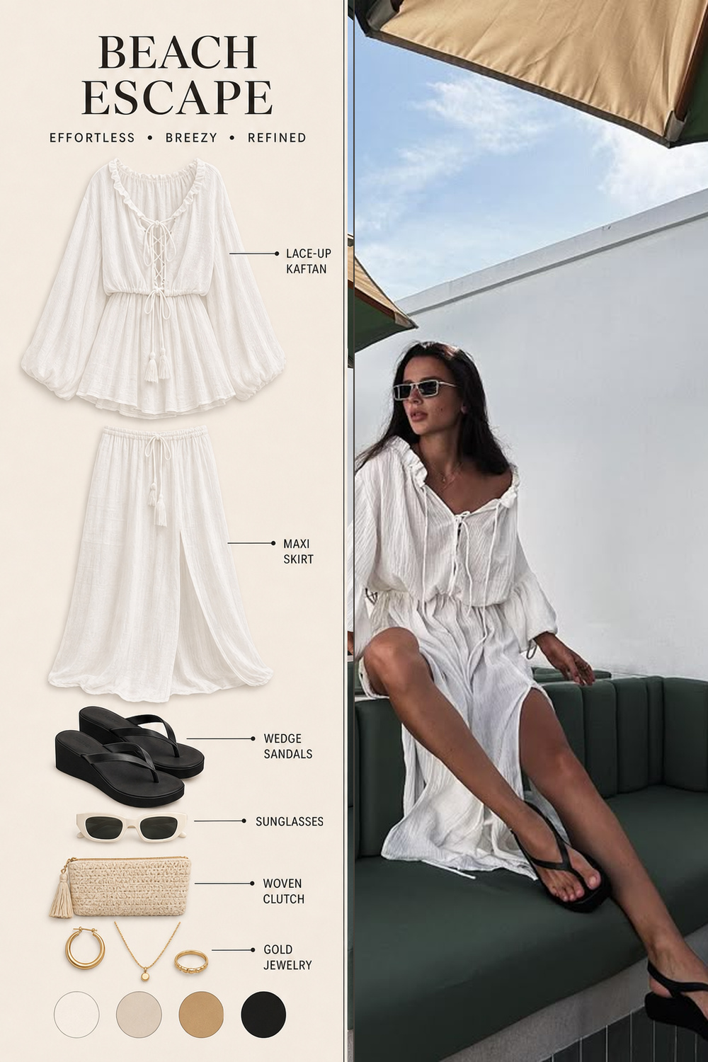 Beach Outfit Infographic Step 06 Pinterest fashion infographic showing a beach outfit flat-lay breakdown beside the original outfit photo. | Sky Rye Design Pinterest fashion infographic showing a beach outfit flat-lay breakdown beside the original outfit photo.