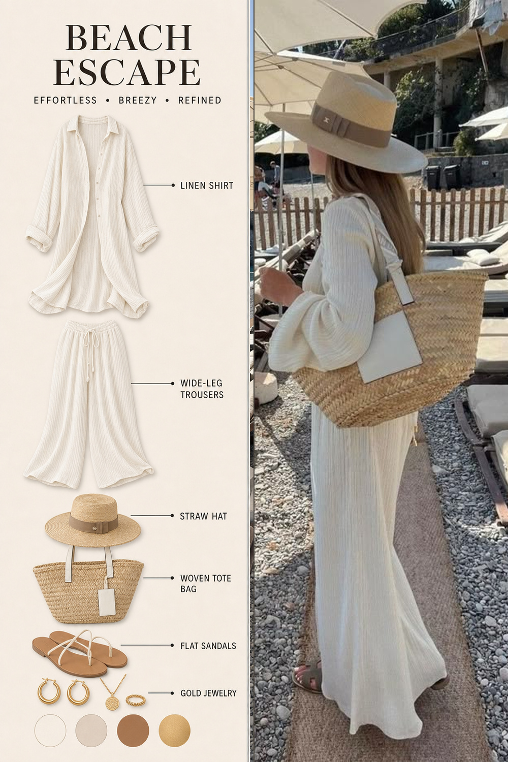 Beach Outfit Infographic Step 09 Pinterest fashion infographic showing a beach outfit flat-lay breakdown beside the original outfit photo. | Sky Rye Design Pinterest fashion infographic showing a beach outfit flat-lay breakdown beside the original outfit photo.