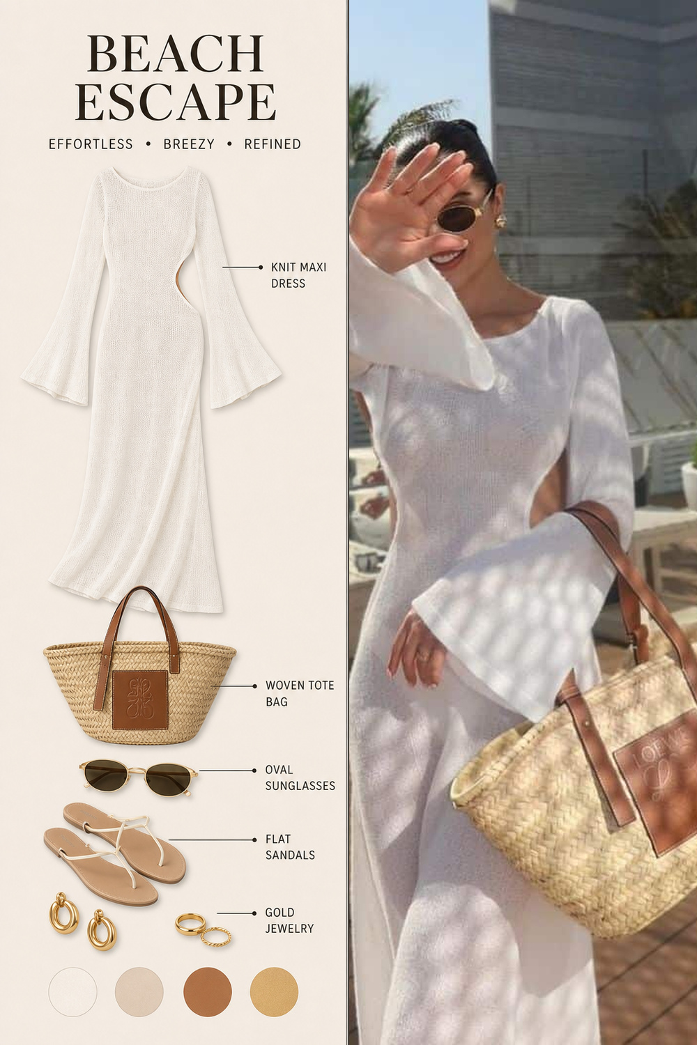Beach Outfit Infographic Step 10 Pinterest fashion infographic showing a beach outfit flat-lay breakdown beside the original outfit photo. | Sky Rye Design Pinterest fashion infographic showing a beach outfit flat-lay breakdown beside the original outfit photo.