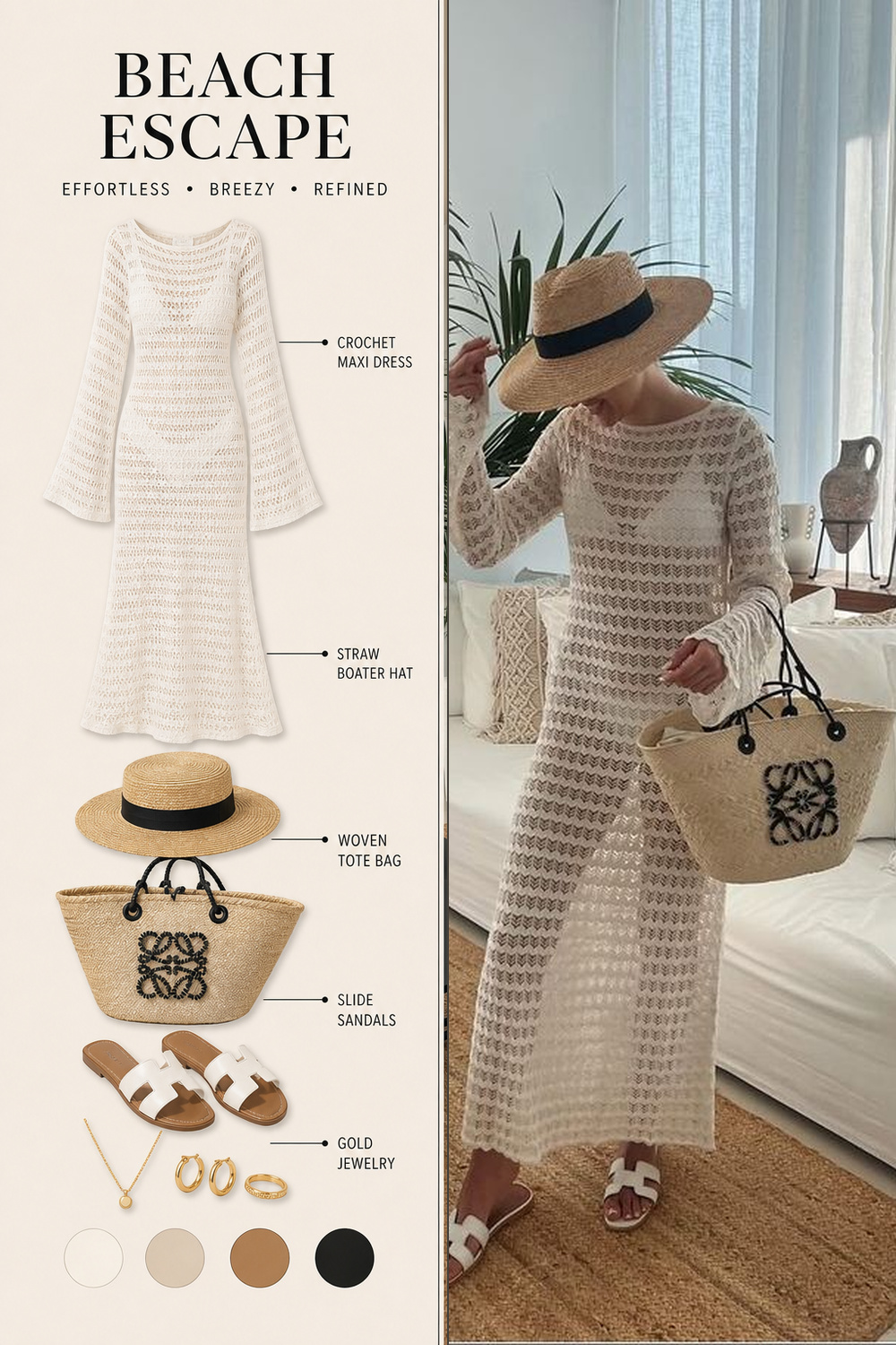 Beach Outfit Infographic Step 11 Pinterest fashion infographic showing a beach outfit flat-lay breakdown beside the original outfit photo. | Sky Rye Design Pinterest fashion infographic showing a beach outfit flat-lay breakdown beside the original outfit photo.