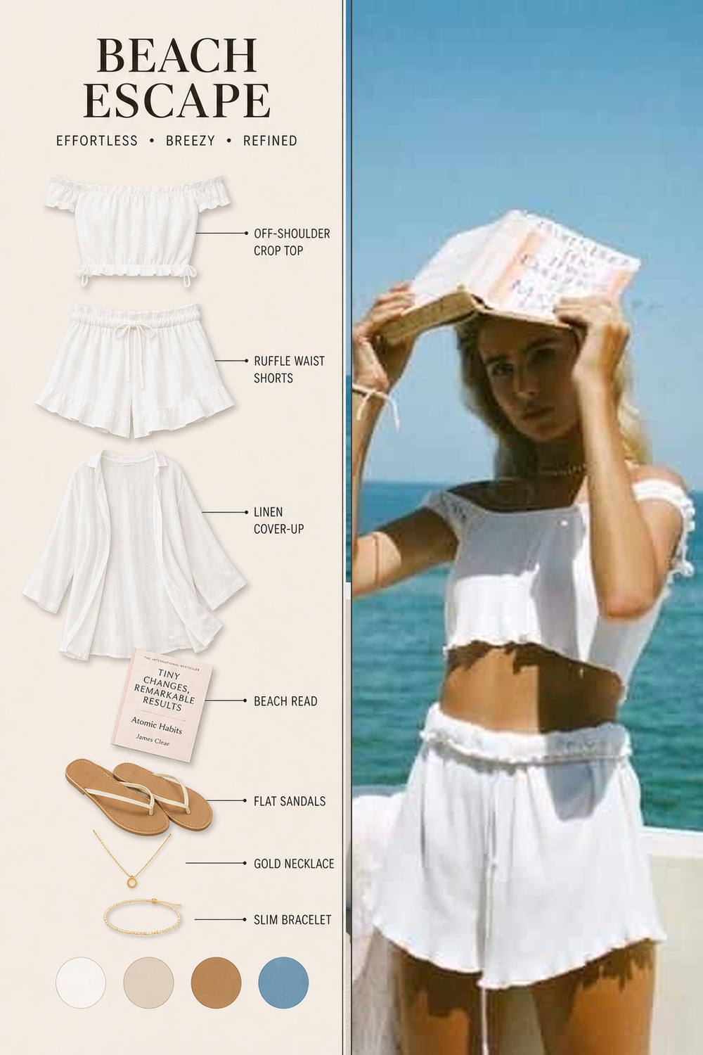 Beach Outfit Infographic Step 13 Pinterest fashion infographic showing a beach outfit flat-lay breakdown beside the original outfit photo. | Sky Rye Design Pinterest fashion infographic showing a beach outfit flat-lay breakdown beside the original outfit photo.