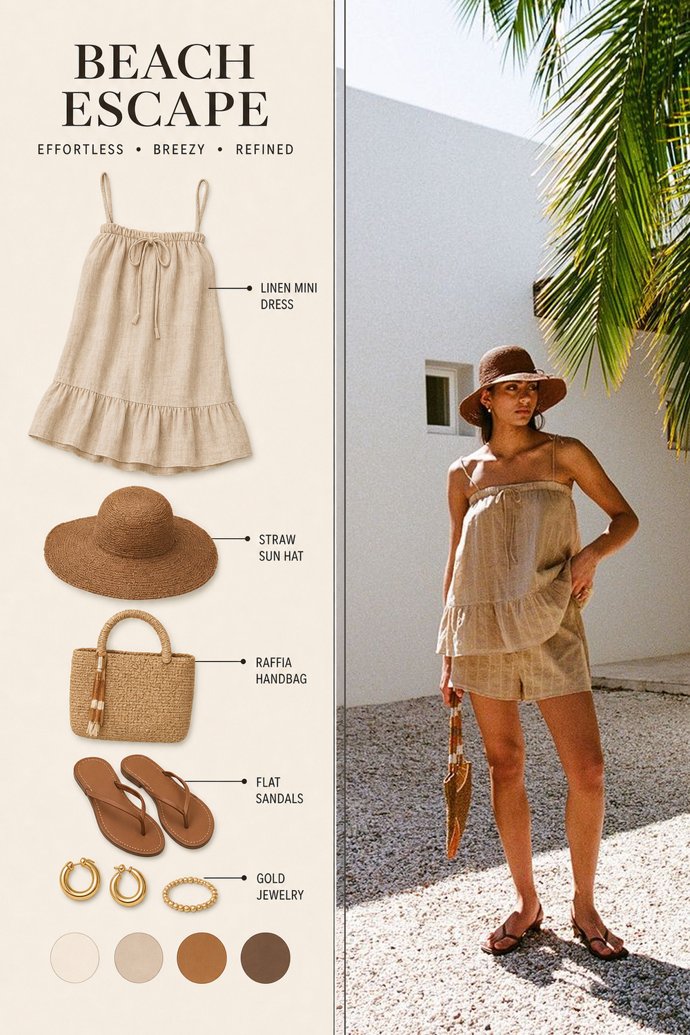 Beach Outfit Infographic Step 14 Pinterest fashion infographic showing a beach outfit flat-lay breakdown beside the original outfit photo. | Sky Rye Design Pinterest fashion infographic showing a beach outfit flat-lay breakdown beside the original outfit photo.