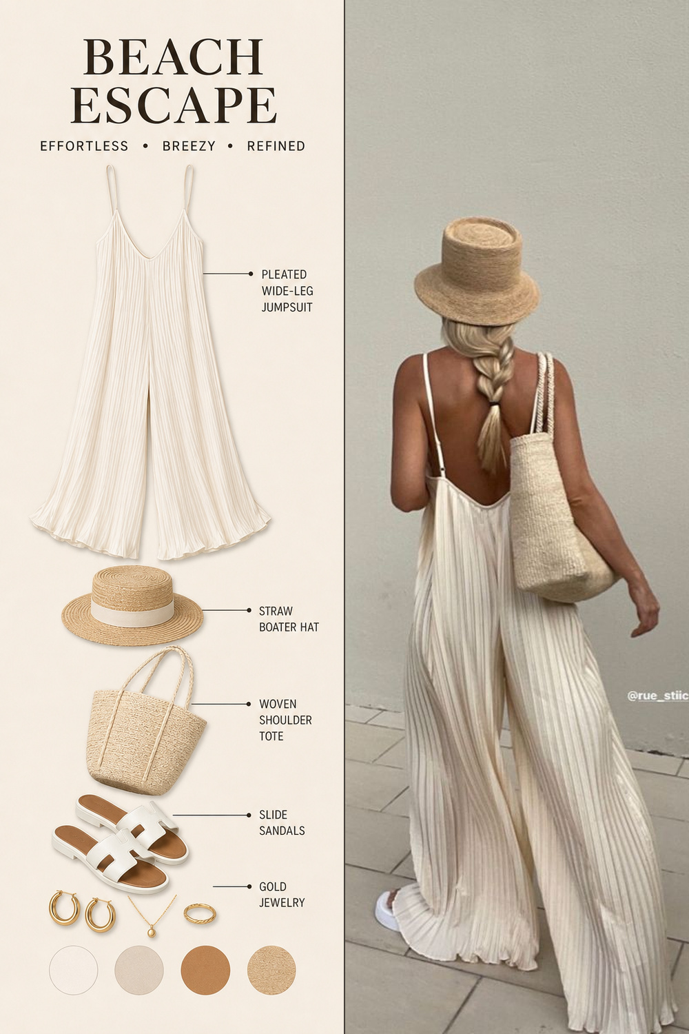 Beach Outfit Infographic Step 15 Pinterest fashion infographic showing a beach outfit flat-lay breakdown beside the original outfit photo. | Sky Rye Design Pinterest fashion infographic showing a beach outfit flat-lay breakdown beside the original outfit photo.