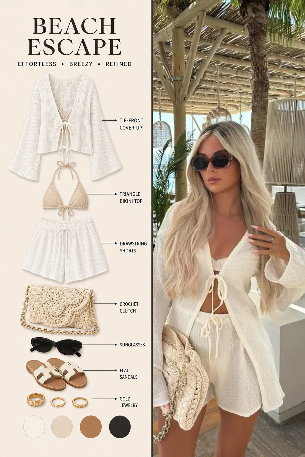 Beach Outfit Infographic Step 16 Pinterest fashion infographic showing a beach outfit flat-lay breakdown beside the original outfit photo. | Sky Rye Design Pinterest fashion infographic showing a beach outfit flat-lay breakdown beside the original outfit photo.