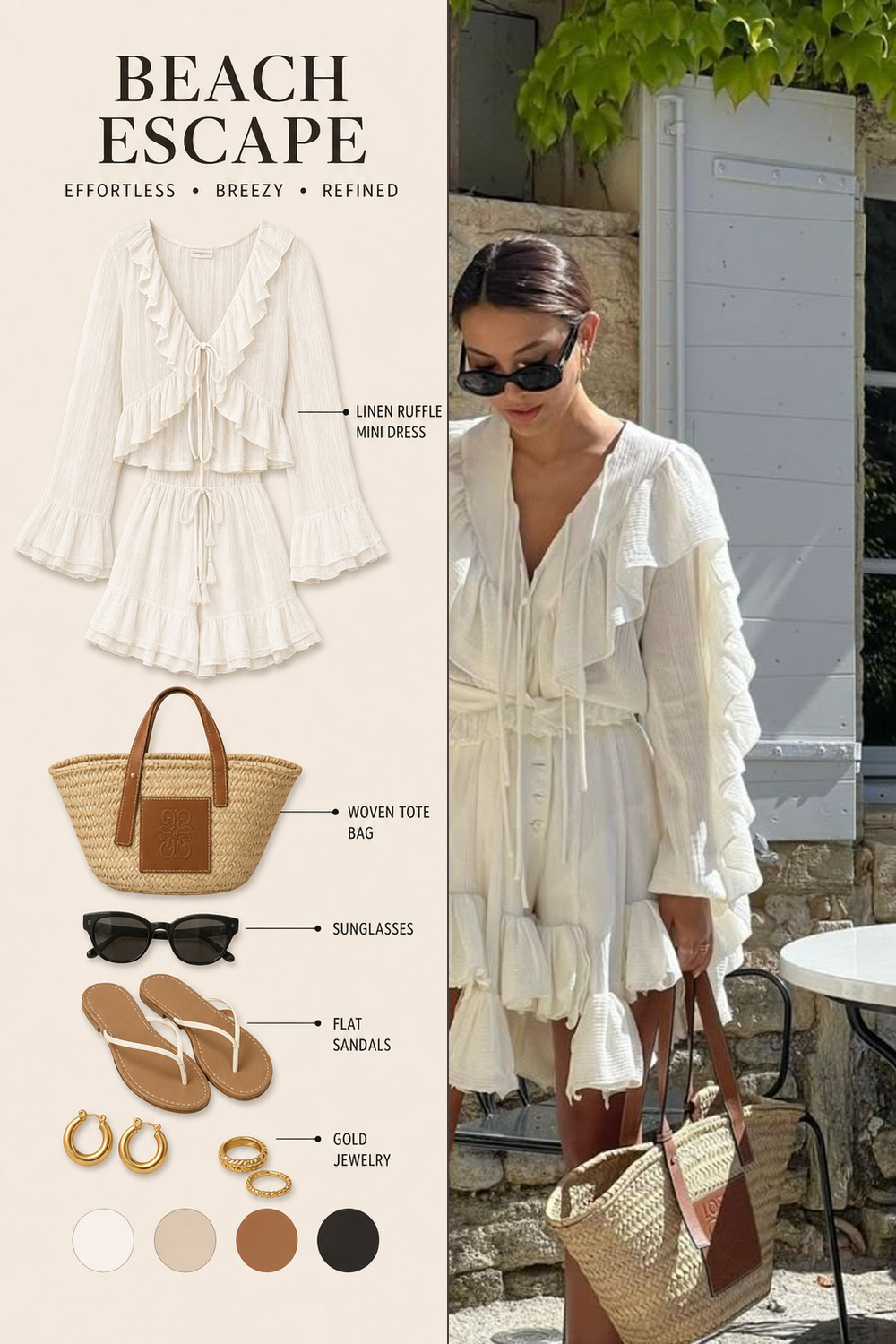 Beach Outfit Infographic Step 18 Pinterest fashion infographic showing a beach outfit flat-lay breakdown beside the original outfit photo. | Sky Rye Design Pinterest fashion infographic showing a beach outfit flat-lay breakdown beside the original outfit photo.