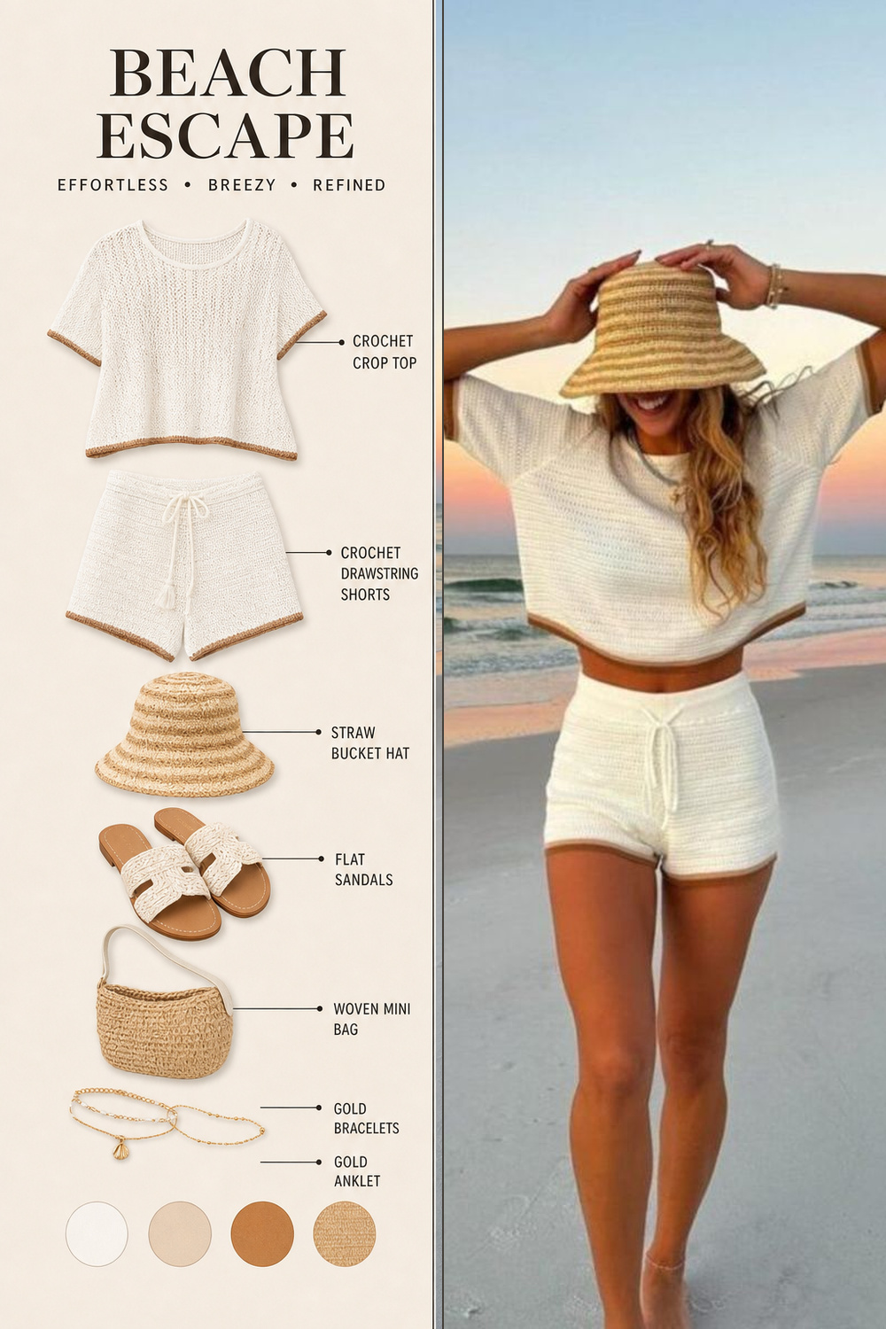Beach Outfit Infographic Step 19 Pinterest fashion infographic showing a beach outfit flat-lay breakdown beside the original outfit photo. | Sky Rye Design Pinterest fashion infographic showing a beach outfit flat-lay breakdown beside the original outfit photo.