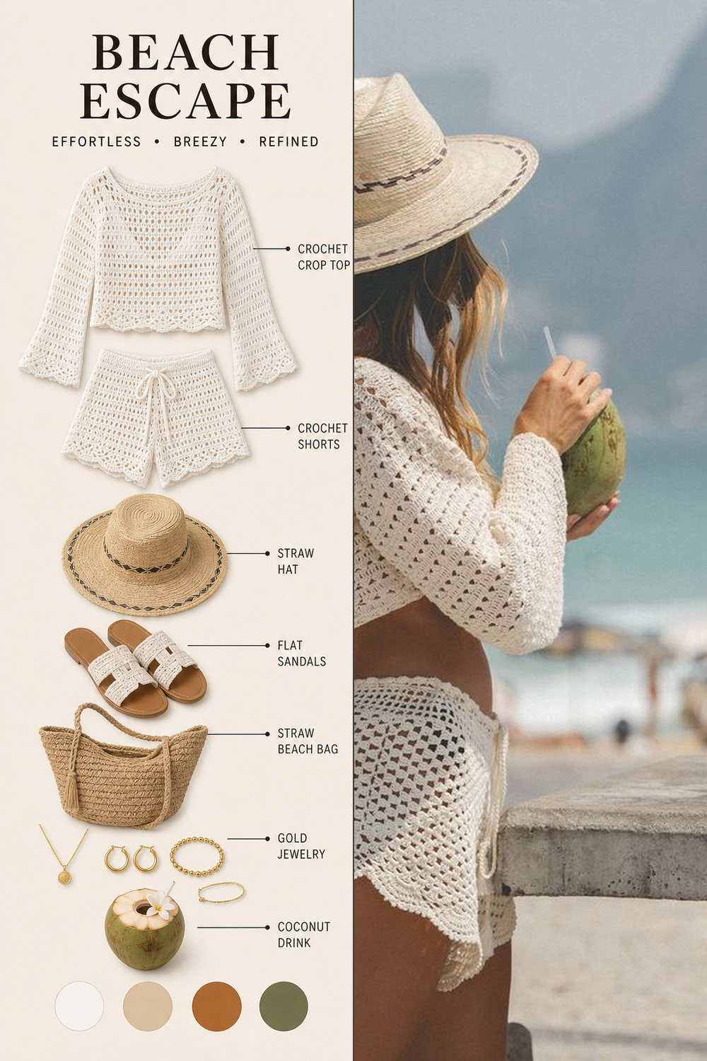 Beach Outfit Infographic Step 21 Pinterest fashion infographic showing a beach outfit flat-lay breakdown beside the original outfit photo. | Sky Rye Design Pinterest fashion infographic showing a beach outfit flat-lay breakdown beside the original outfit photo.