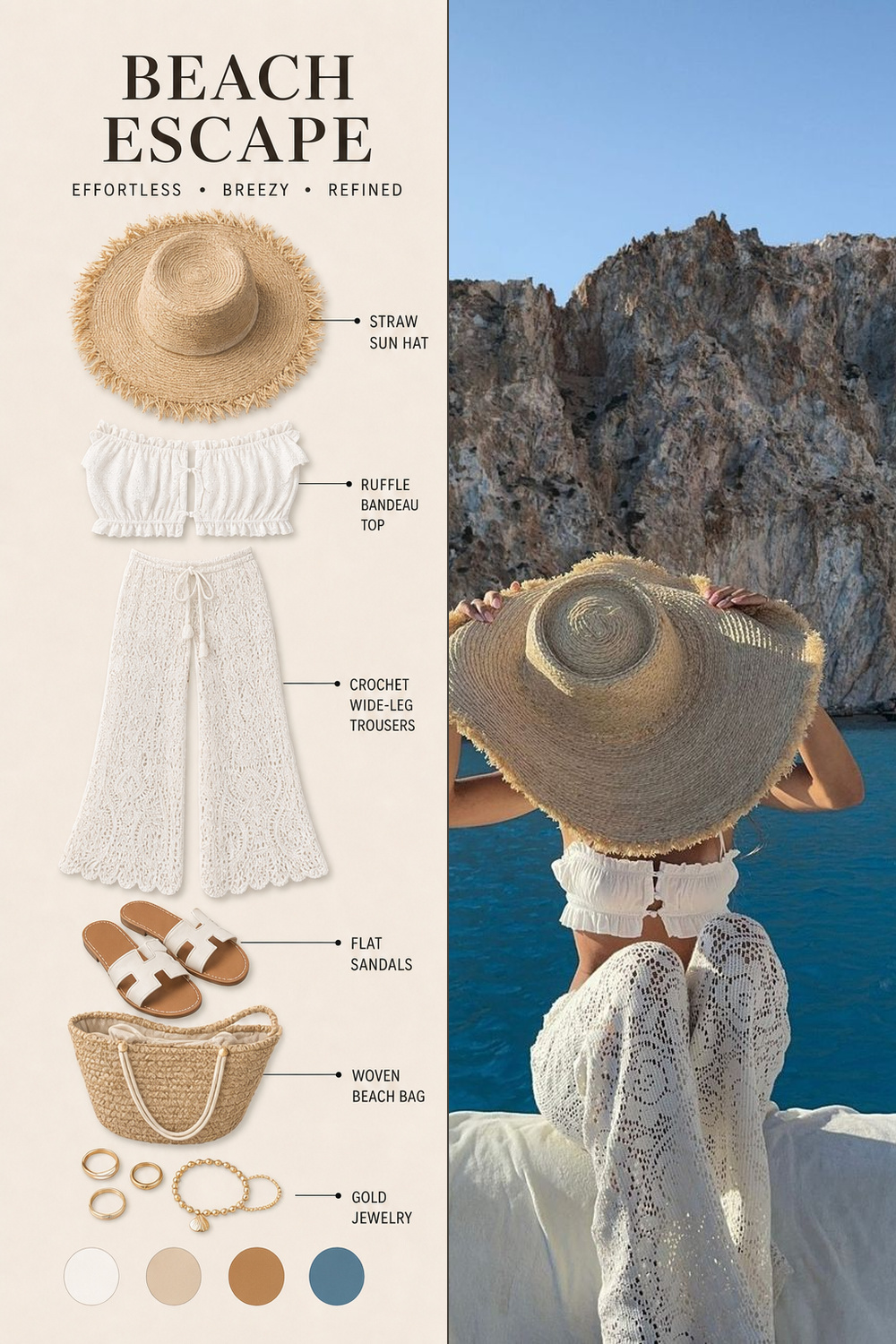 Beach Outfit Infographic Step 22 Pinterest fashion infographic showing a beach outfit flat-lay breakdown beside the original outfit photo. | Sky Rye Design Pinterest fashion infographic showing a beach outfit flat-lay breakdown beside the original outfit photo.
