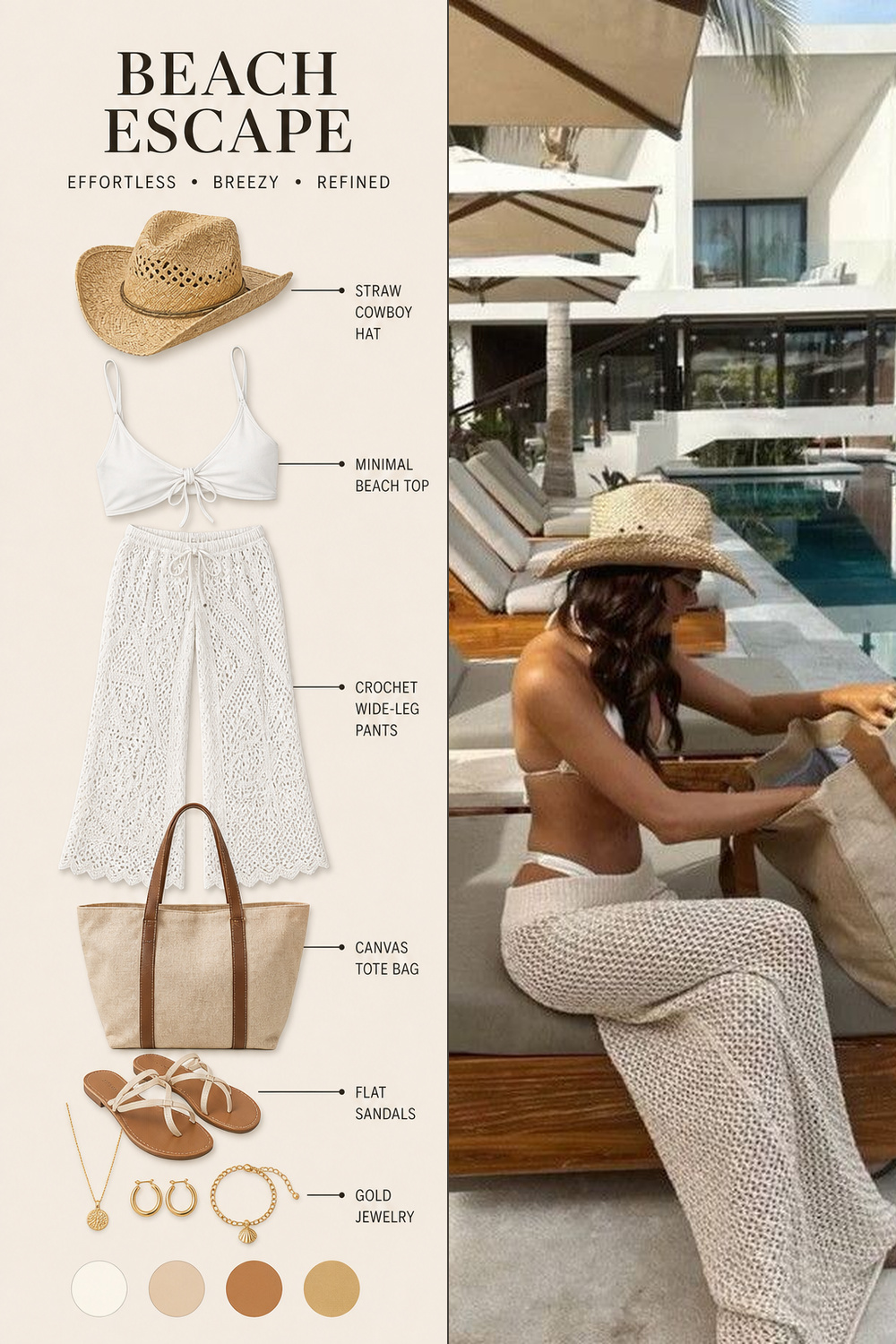 Beach Outfit Infographic Step 25 Pinterest fashion infographic showing a beach outfit flat-lay breakdown beside the original outfit photo. | Sky Rye Design Pinterest fashion infographic showing a beach outfit flat-lay breakdown beside the original outfit photo.