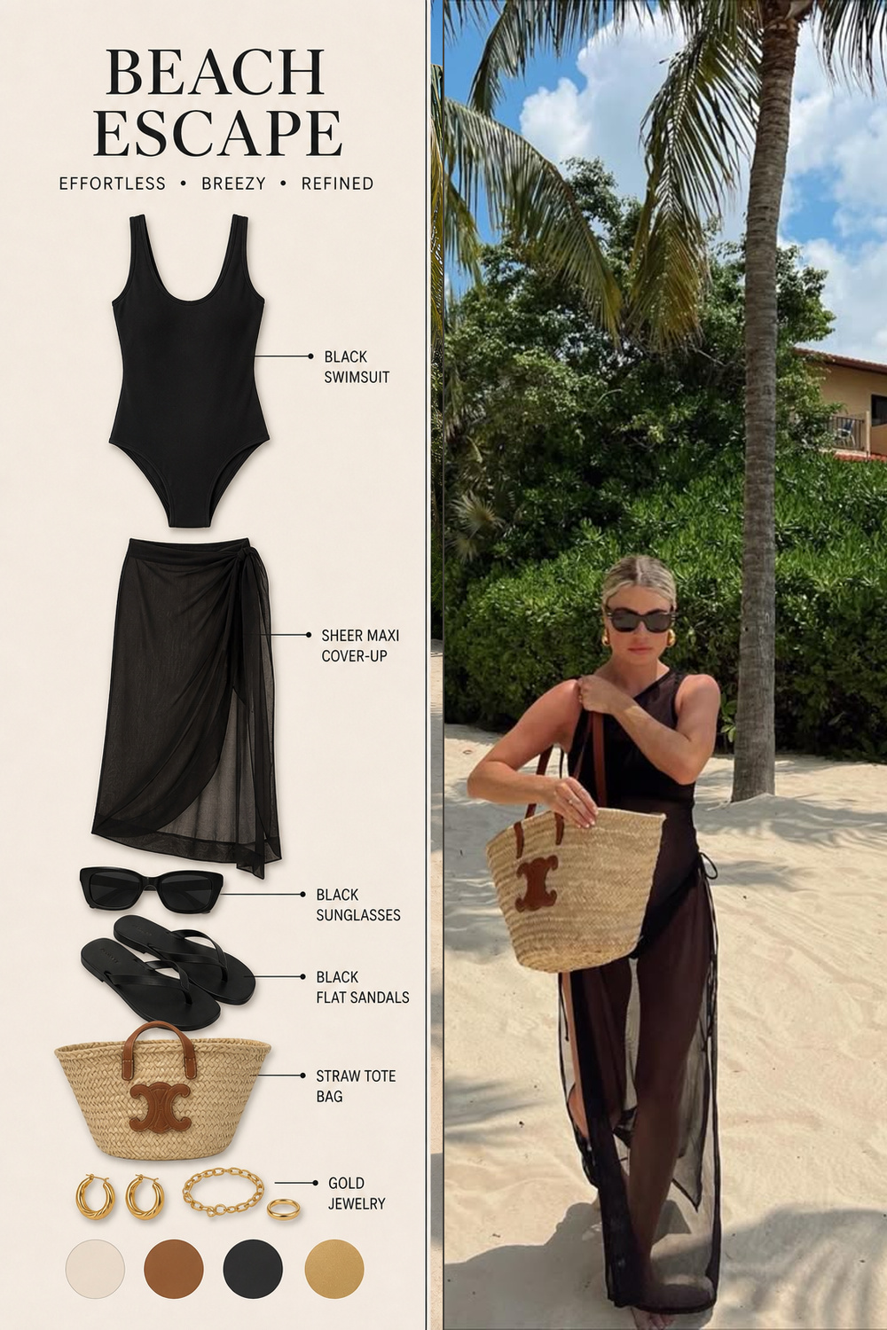 Beach Outfit Infographic Step 26 Pinterest fashion infographic showing a beach outfit flat-lay breakdown beside the original outfit photo. | Sky Rye Design Pinterest fashion infographic showing a beach outfit flat-lay breakdown beside the original outfit photo.