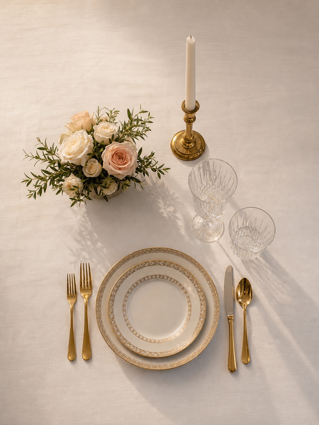 Minimal elegant wedding table setting with visible white linen, porcelain, crystal glasses, candlelight, and roses.