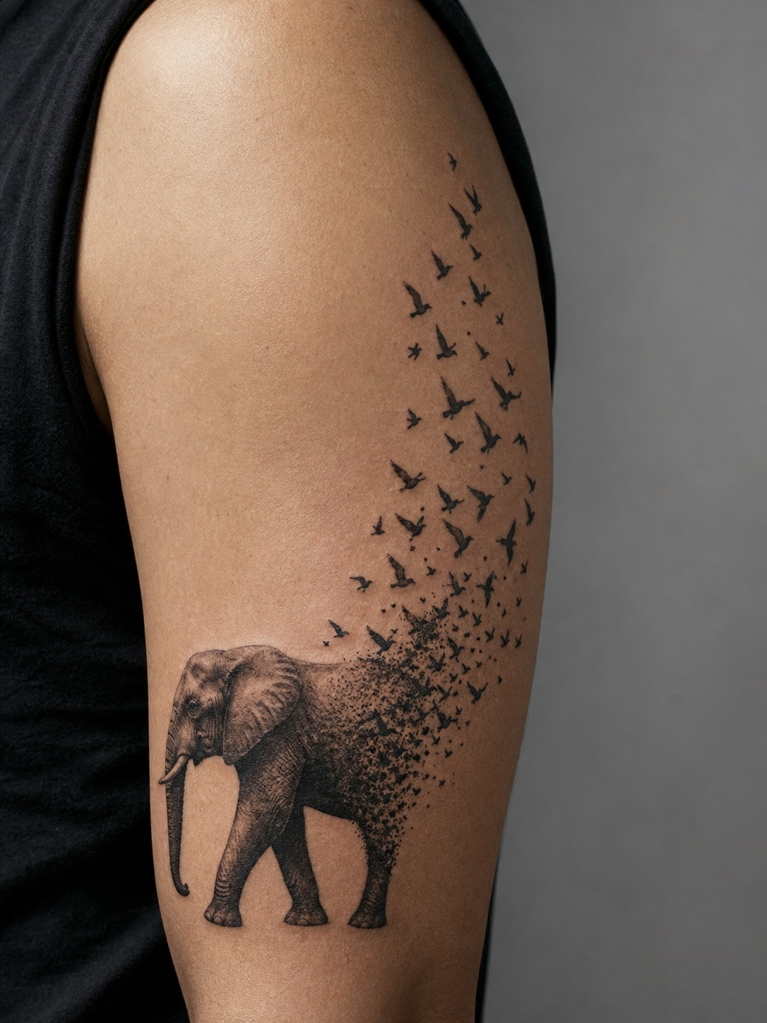 Elephant silhouette tattoo dissolving into a flock of birds at the tail.