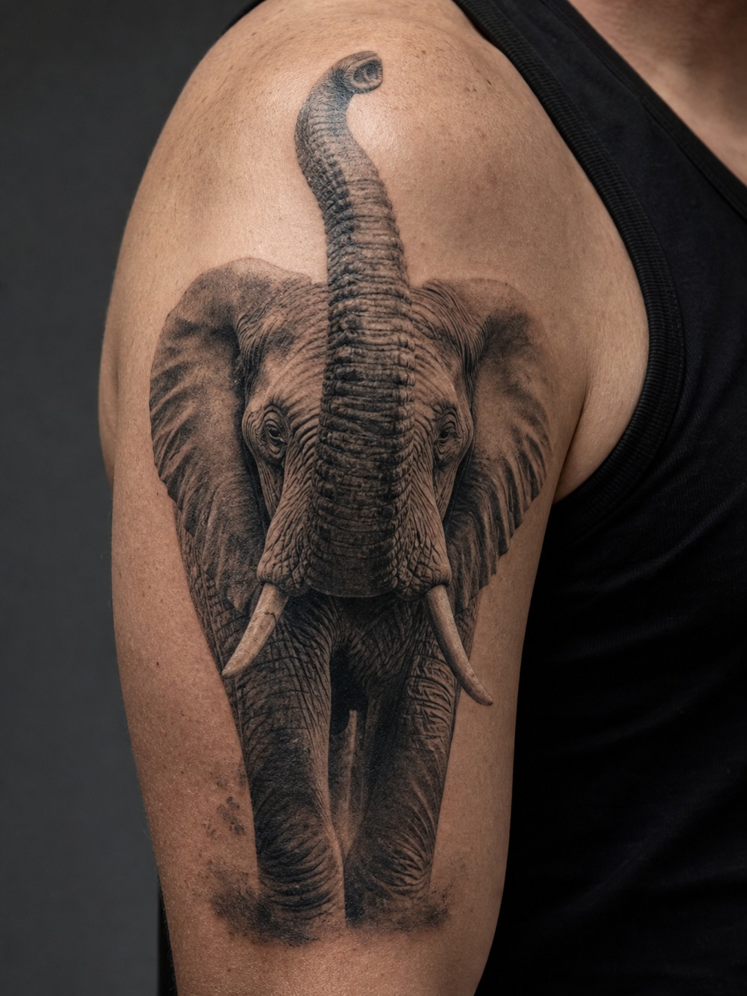 Black and grey elephant front portrait tattoo with raised trunk and textured shading.