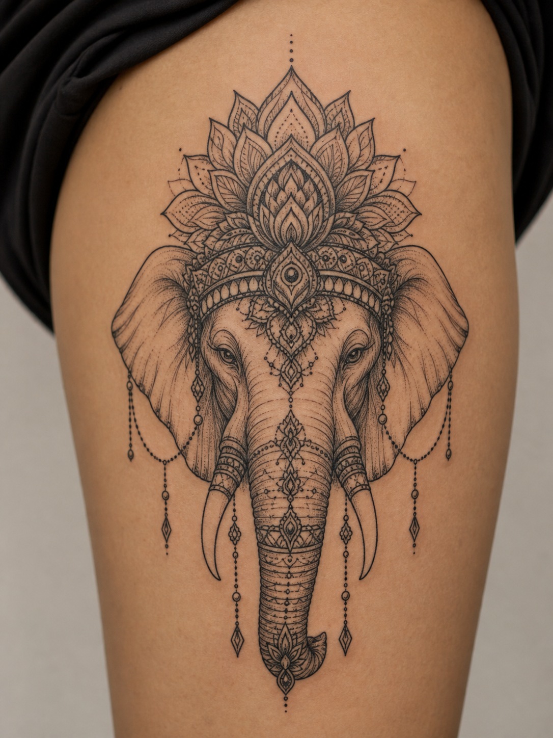 Ornate elephant mandala head tattoo with lotus petals and symmetrical linework.